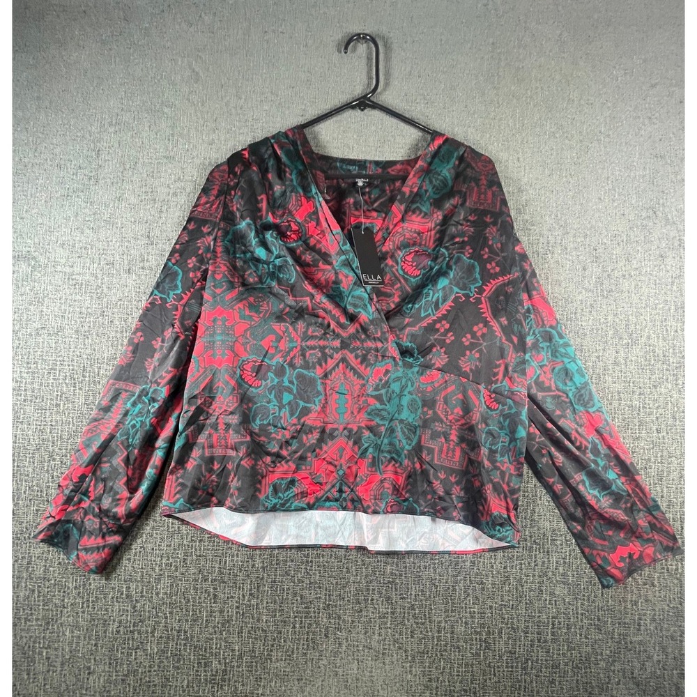 Ella Rafaella Surplice Blouse Rhubarb Red Teal Geometric Floral RWFD031 NWT L